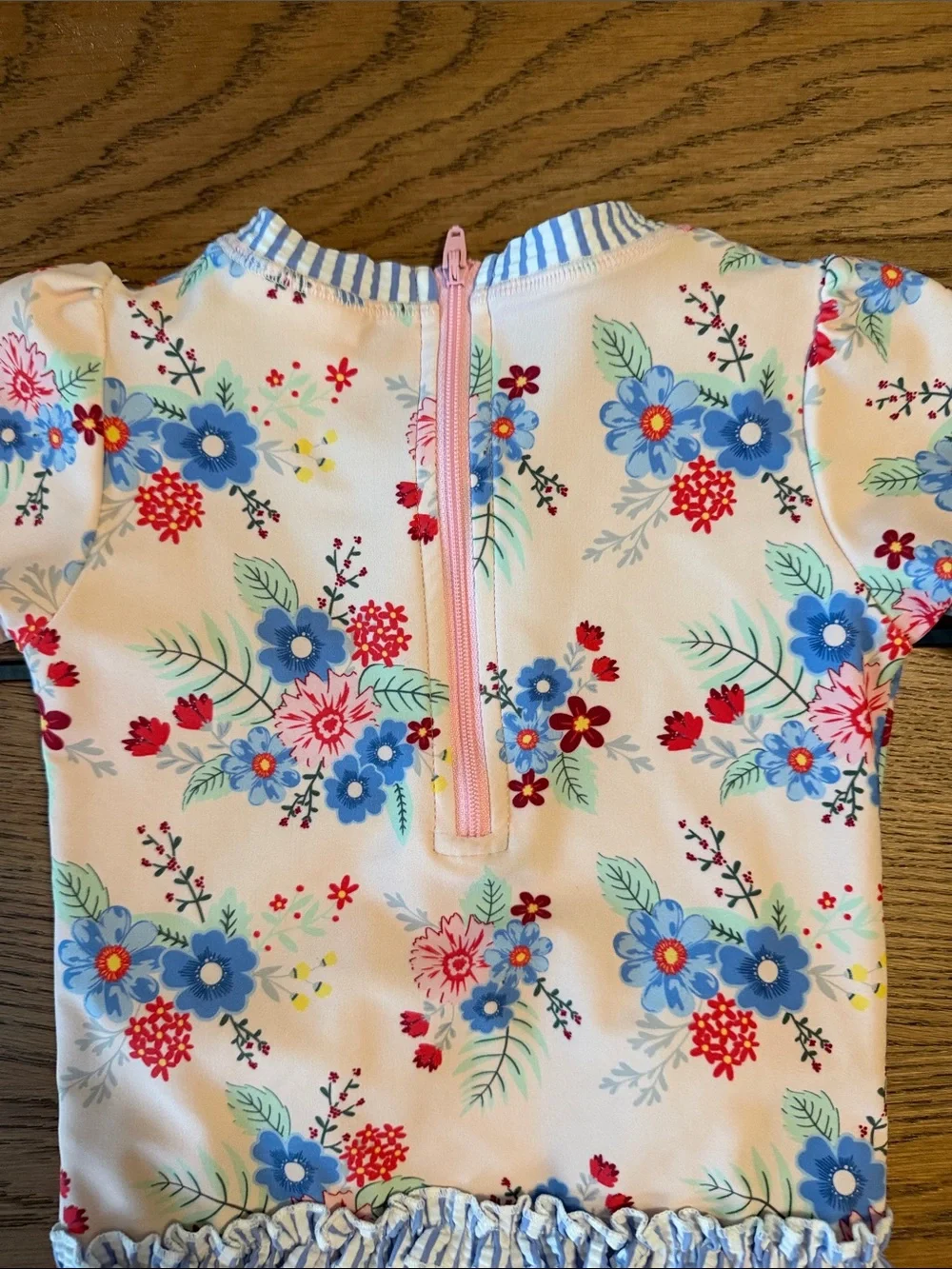 Ruffle Butts Floral Long-Sleeve Rashguard One-Piece - Blue, Pink, Cream